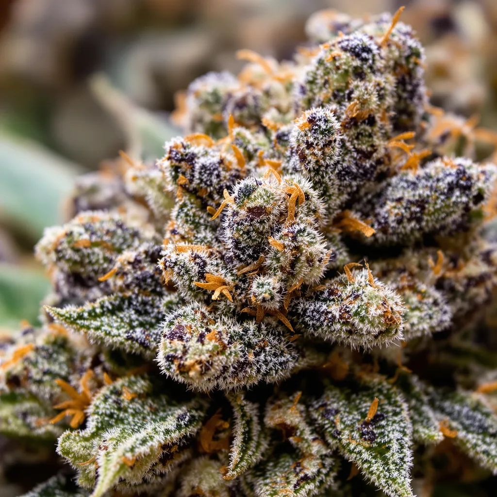 Gros plan de fleur de cannabis Harmonia montrant calices denses aux reflets violets