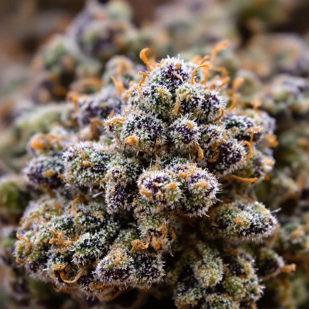 Gros plan de fleur de cannabis Hashberry montrant calices denses aux reflets violets