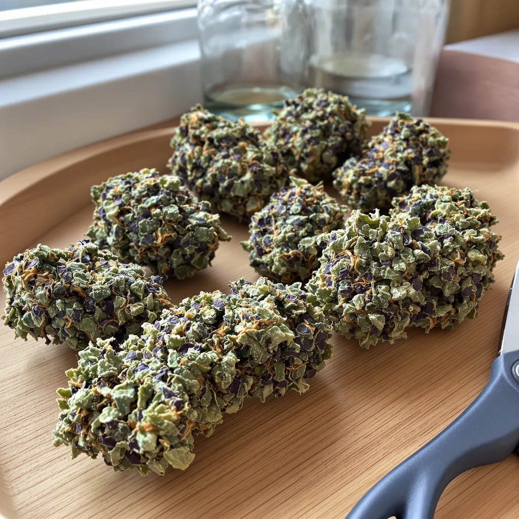 Hawaiian Purple Kush 85% indica / 15% sativa — fleur avec trichomes visibles