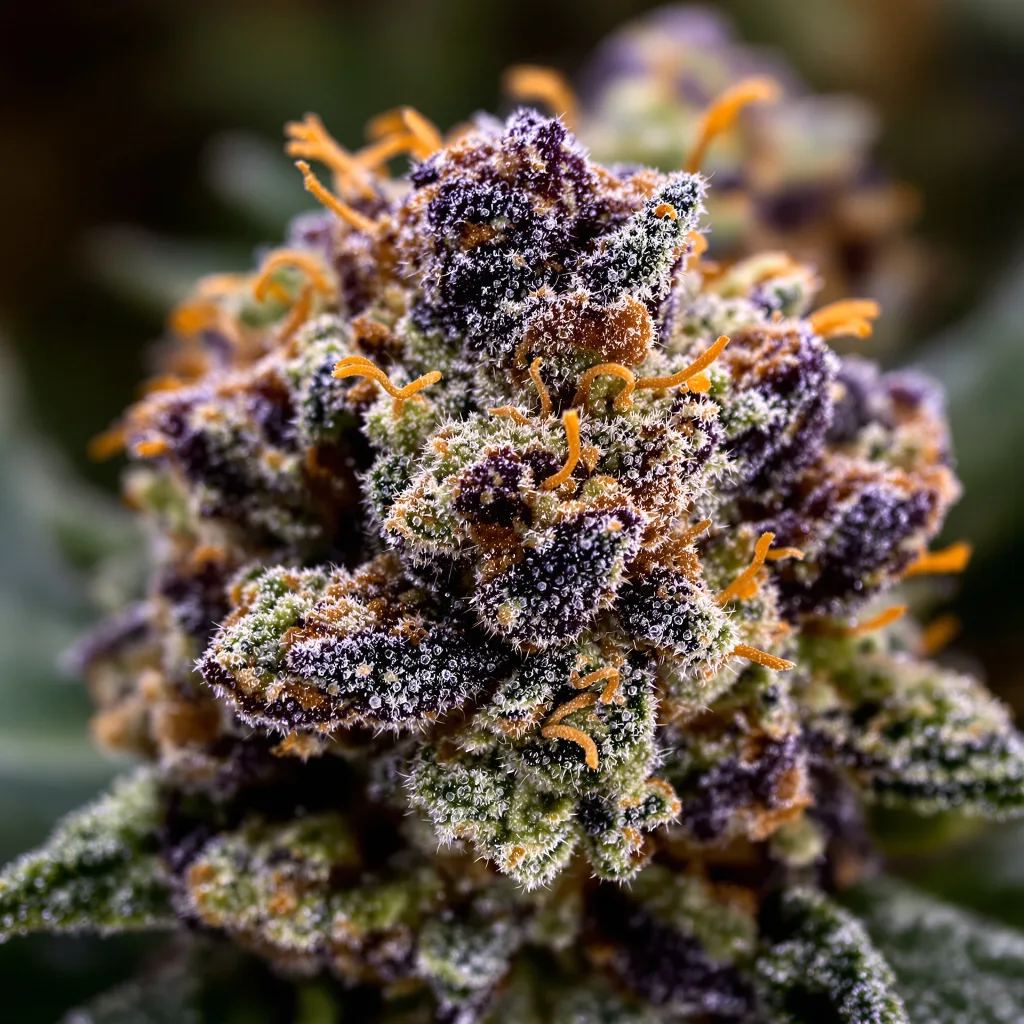 Gros plan de fleur de cannabis Hawaiian Purple Kush montrant calices denses aux reflets violets
