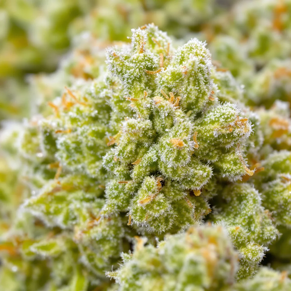Gros plan de fleur de cannabis Hawaiian Snow montrant structure aérée vert lime