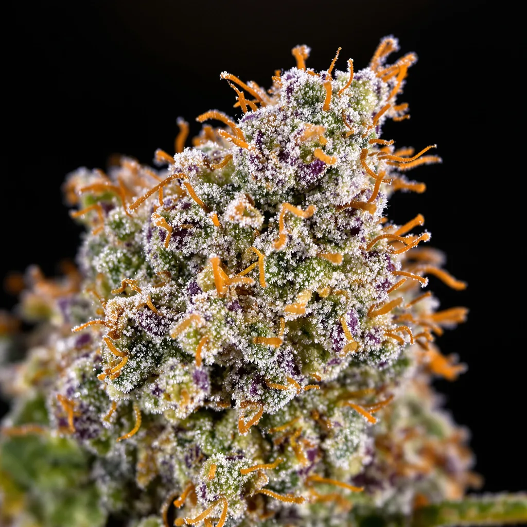 Gros plan de fleur de cannabis Head Cheese montrant structure ouverte avec pistils orangés