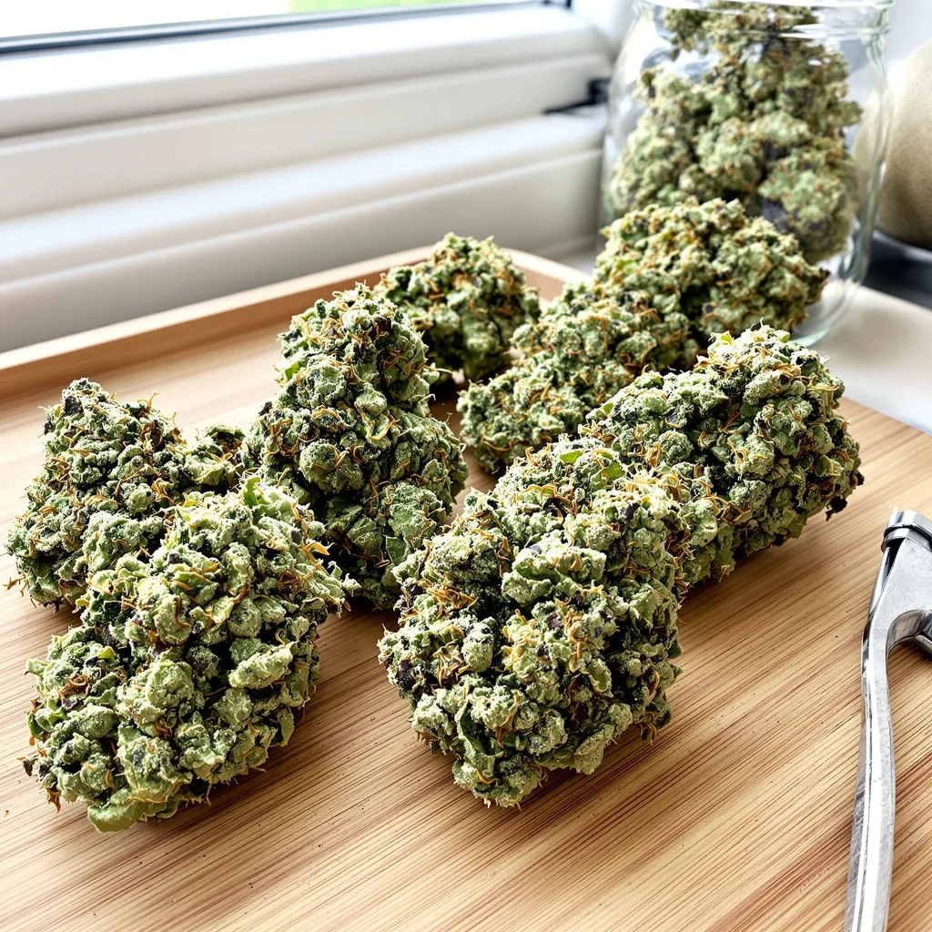 Headband 60% indica / 40% sativa — fleur avec trichomes visibles