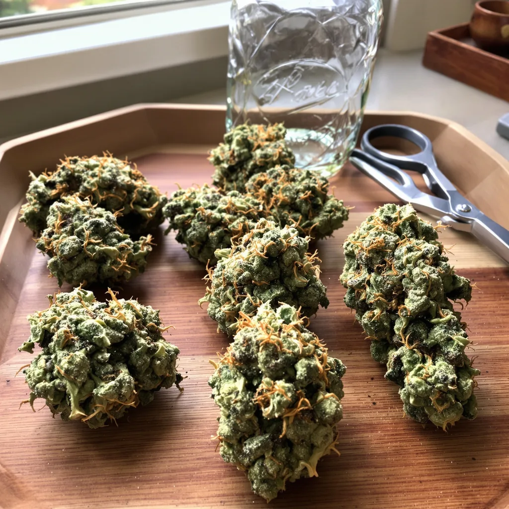 Heavy Duty Fruity 60% indica / 50% sativa — fleur avec trichomes visibles