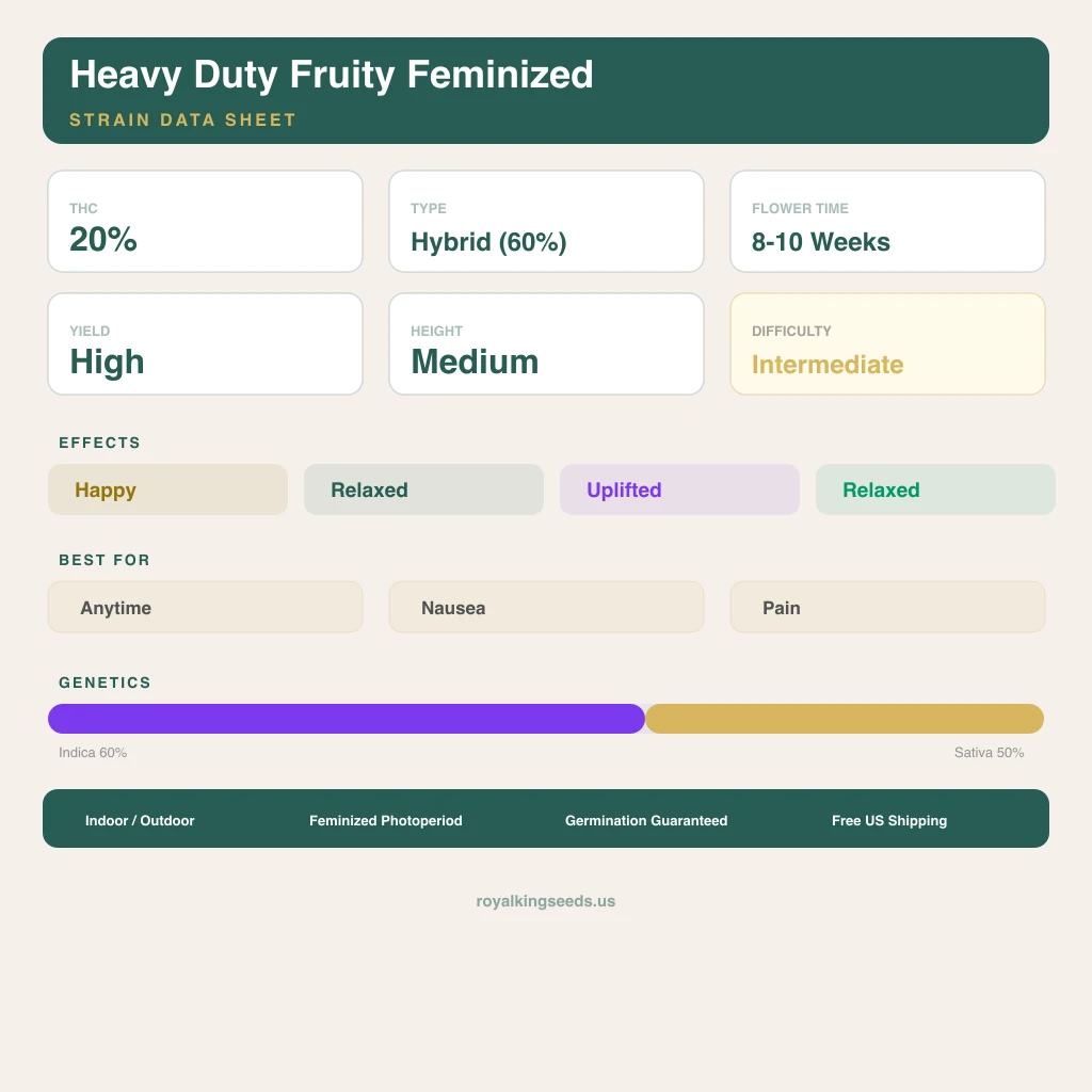 Heavy Duty Fruity 60% indica / 50% sativa — fleur avec trichomes visibles