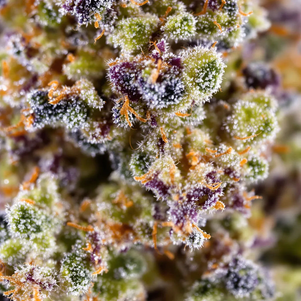 Gros plan de fleur de cannabis Heavy Duty Fruity montrant nugs denses vert forêt