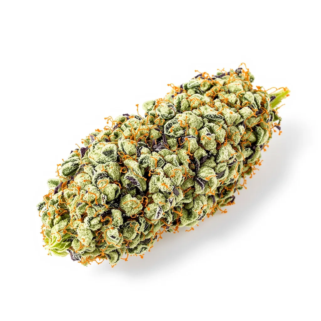 Heavy Duty Fruity 60% indica / 50% sativa — fleur avec trichomes visibles