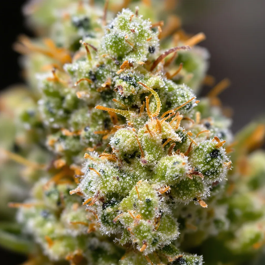 Gros plan de fleur de cannabis Hektol montrant structure aérée vert lime