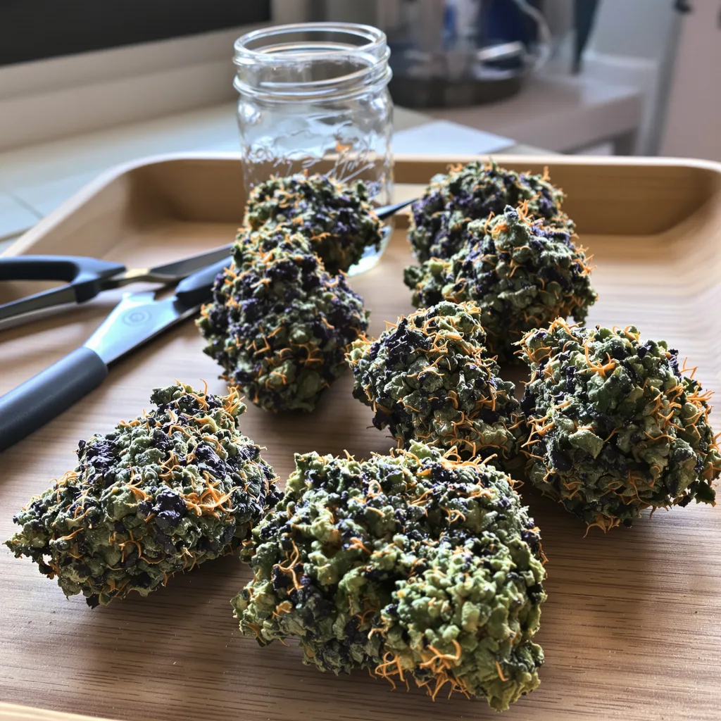 Hell's OG 80% indica / 20% sativa — fleur avec trichomes visibles