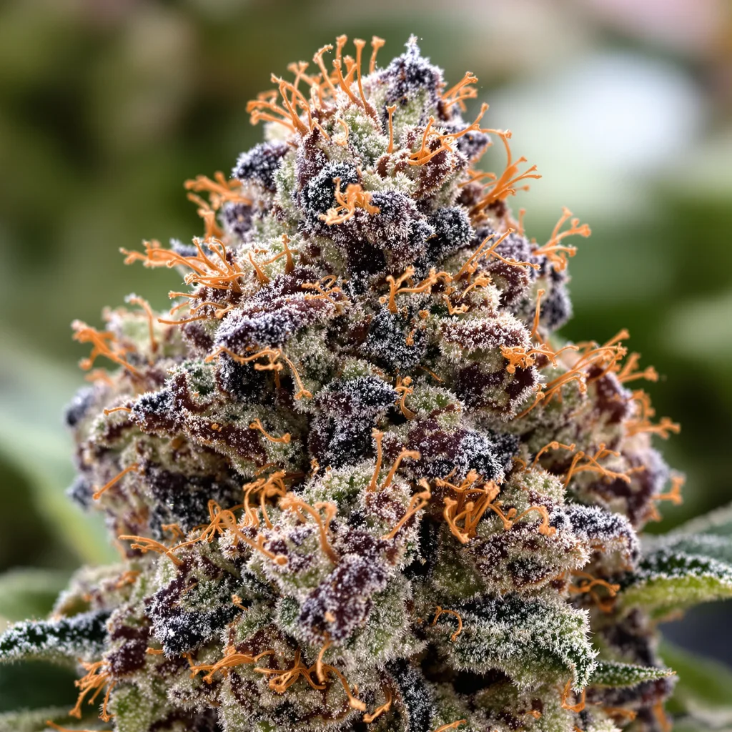 Gros plan de fleur de cannabis Hells OG Haze montrant calices denses aux reflets violets