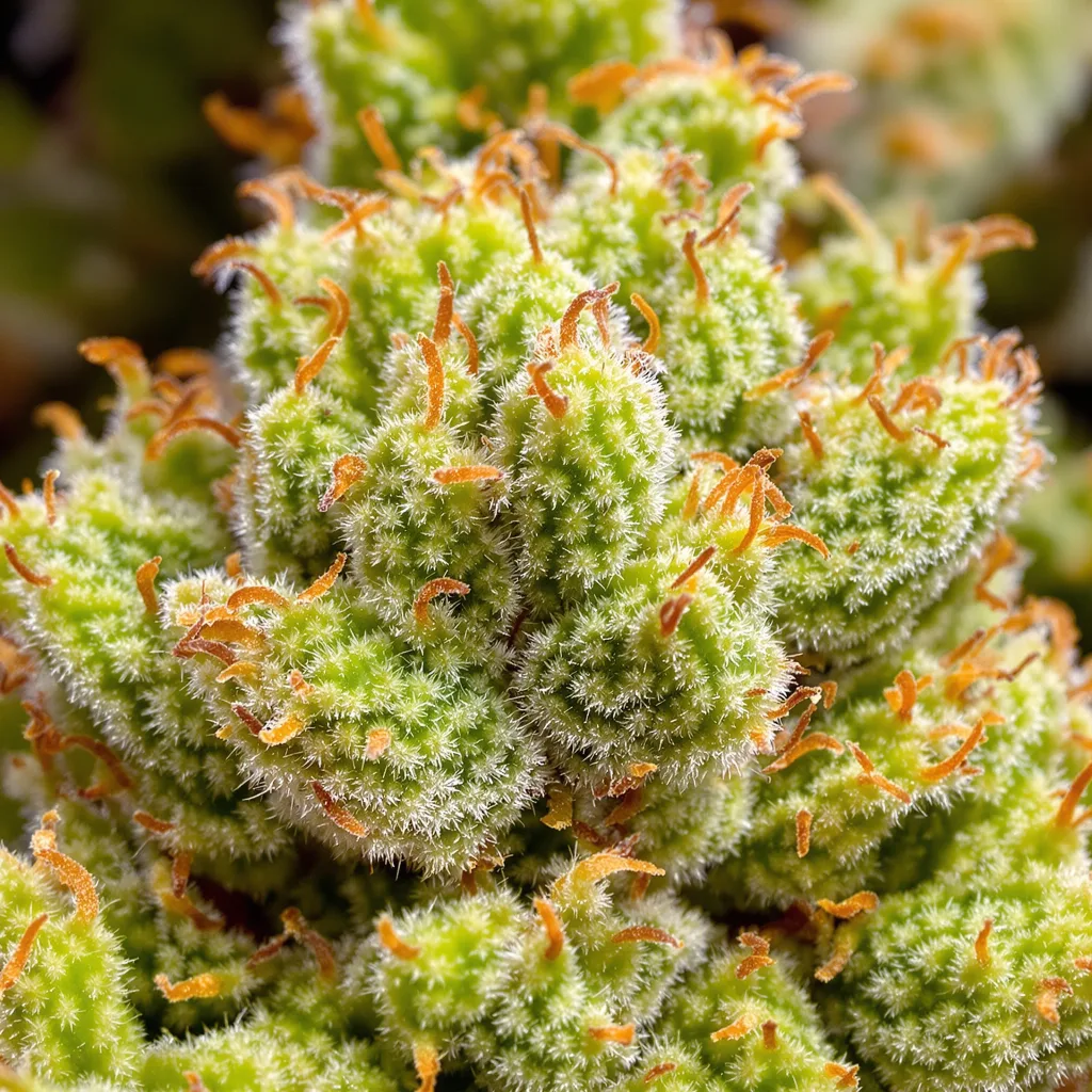 Gros plan de fleur de cannabis Hempstar montrant structure aérée vert lime