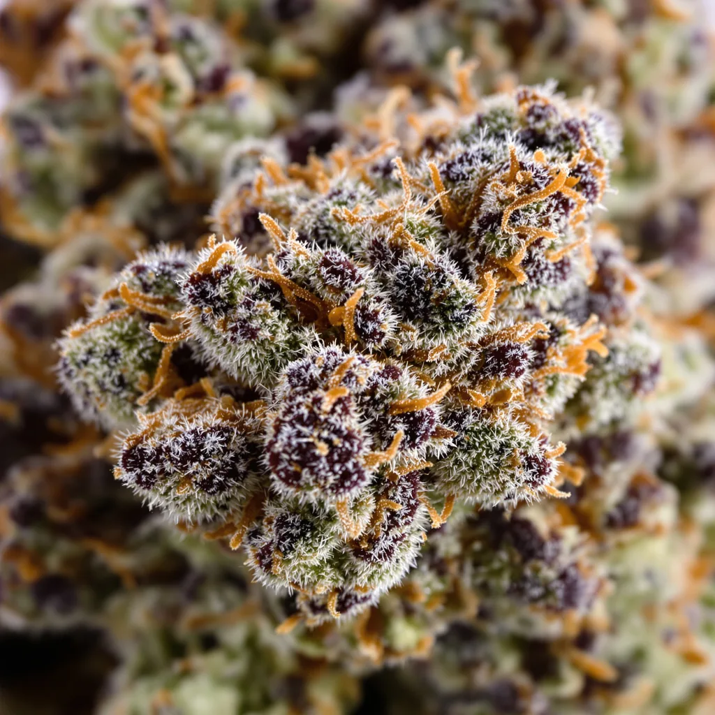 Gros plan de fleur de cannabis Hercules montrant calices denses aux reflets violets