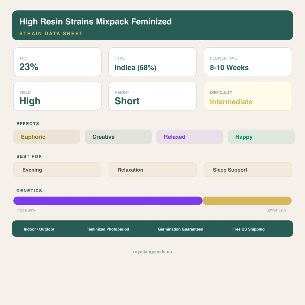 High Resin Strains Mixpack 68% indica / 32% sativa — fleur avec trichomes visibles