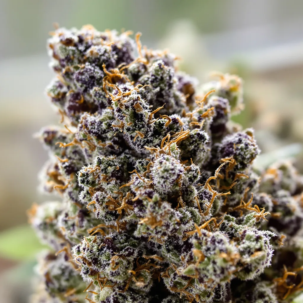 Gros plan de fleur de cannabis Highwayman montrant calices denses aux reflets violets