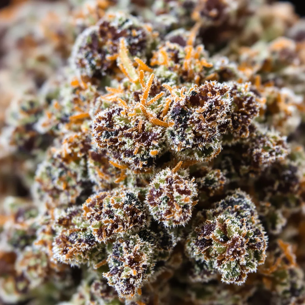 Gros plan de fleur de cannabis Hindu Skunk montrant calices denses aux reflets violets