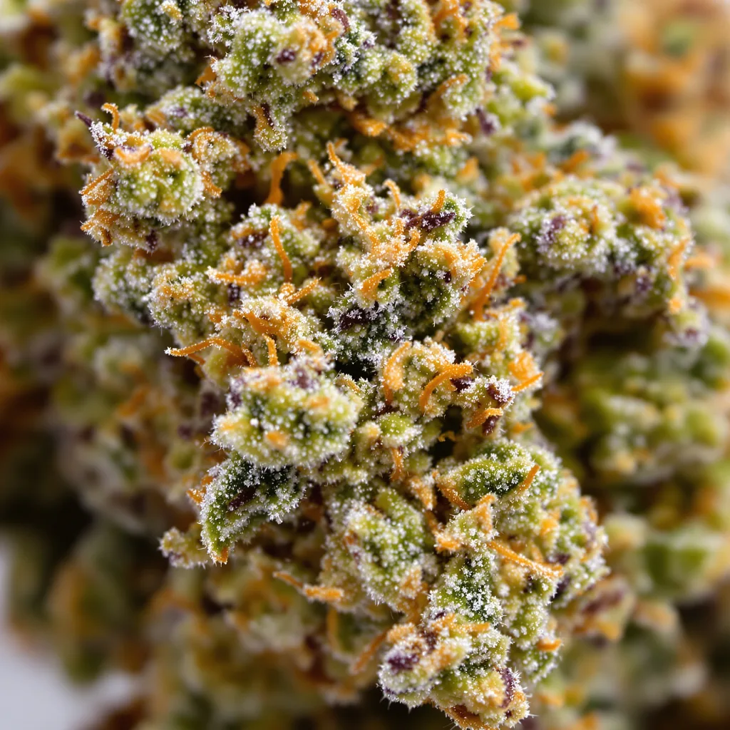 Gros plan de fleur de cannabis Hippie Crippler montrant structure équilibrée avec trichomes givrés