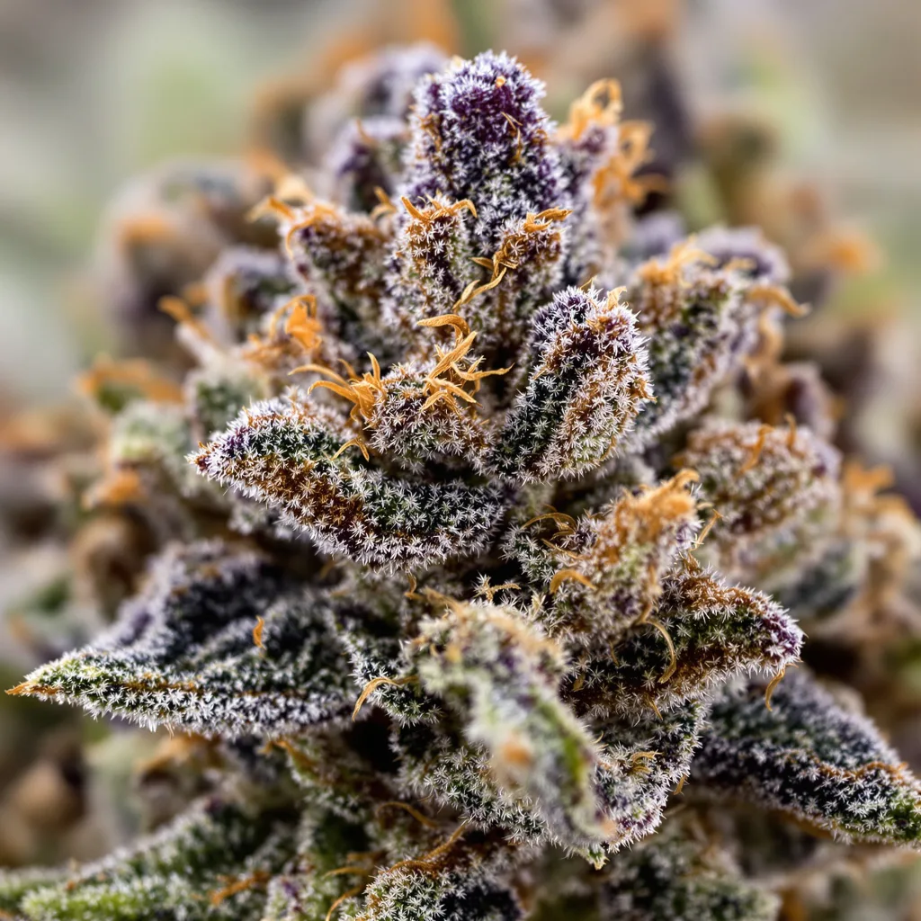 Gros plan de fleur de cannabis Hog's Breath montrant calices denses aux reflets violets