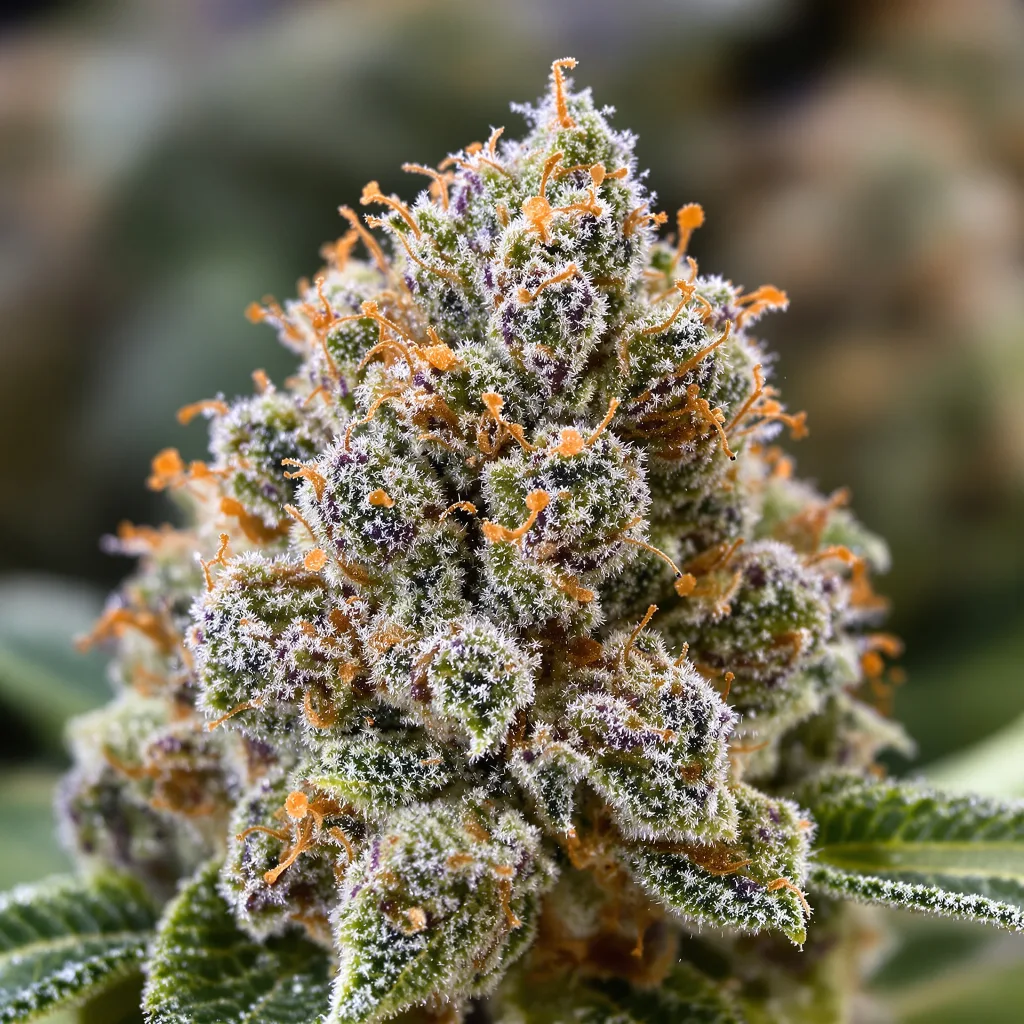 Gros plan de fleur de cannabis Holy Grail Kush montrant nugs denses vert forêt