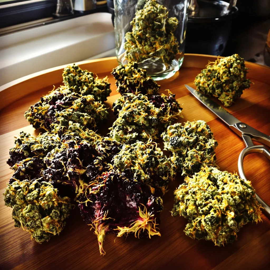 Honey Banana 67% indica / 33% sativa — fleur avec trichomes visibles