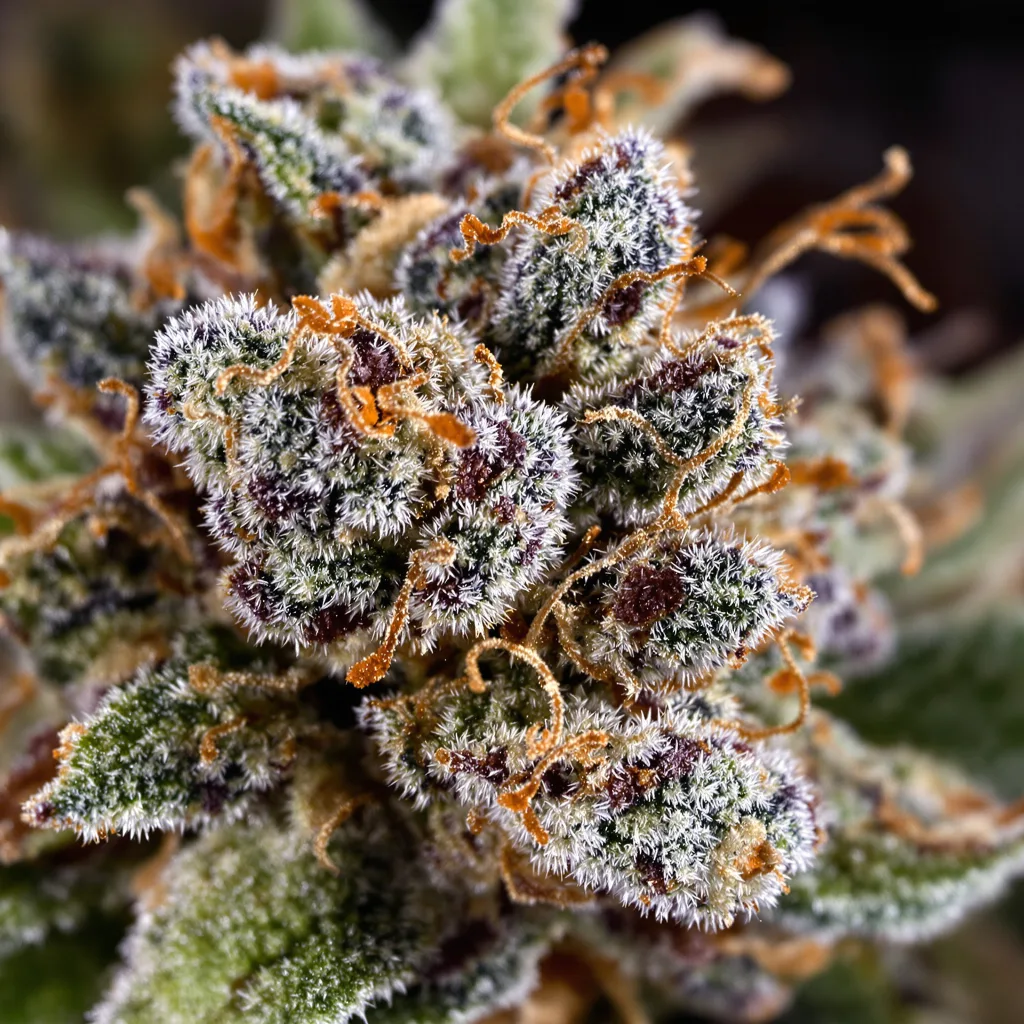 Gros plan de fleur de cannabis Honey Bananas montrant calices denses aux reflets violets