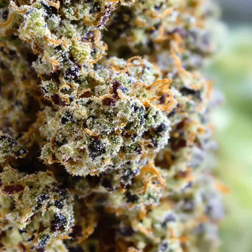Gros plan de fleur de cannabis Honey Boo Boo montrant calices denses aux reflets violets