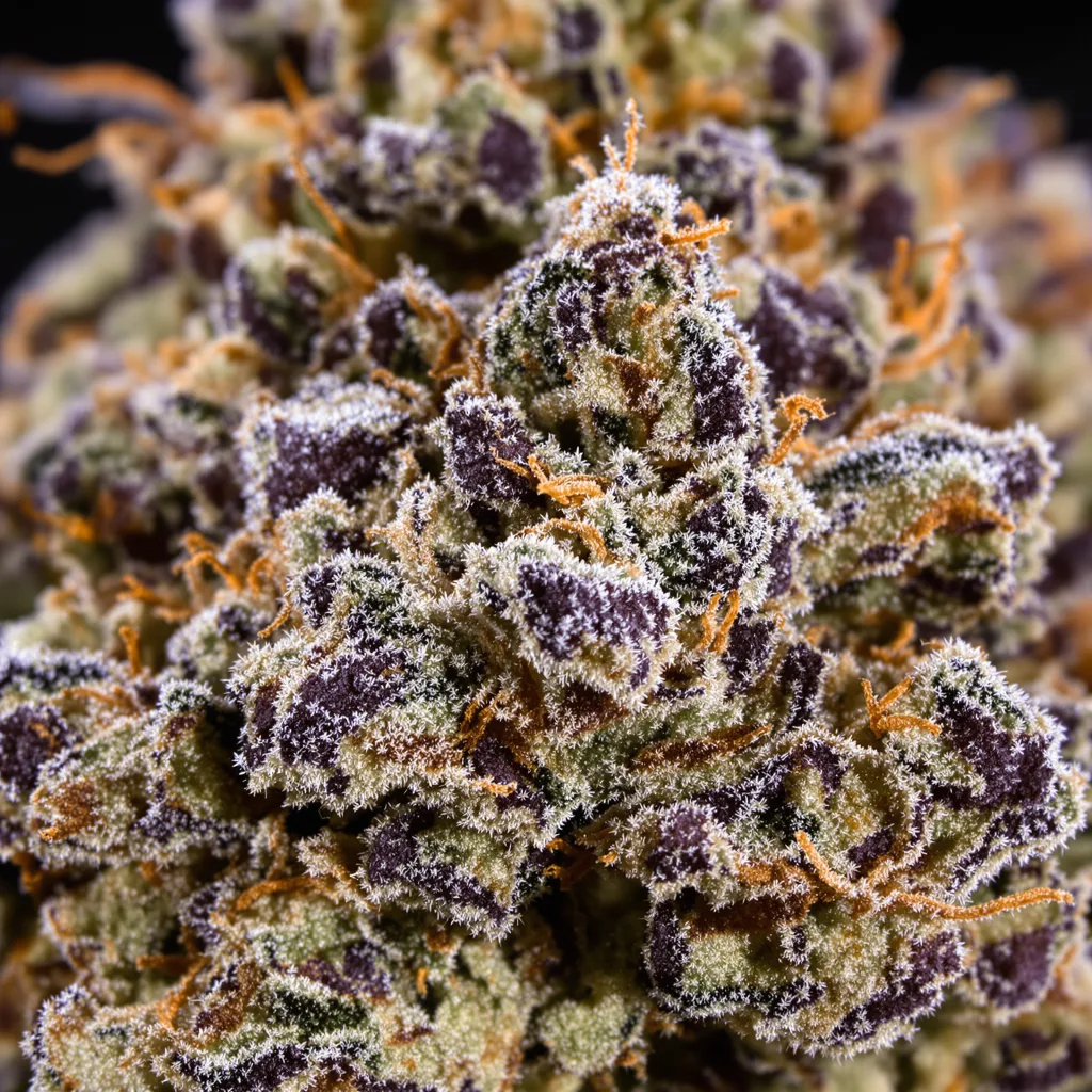Gros plan de fleur de cannabis Hood Candy montrant calices denses aux reflets violets