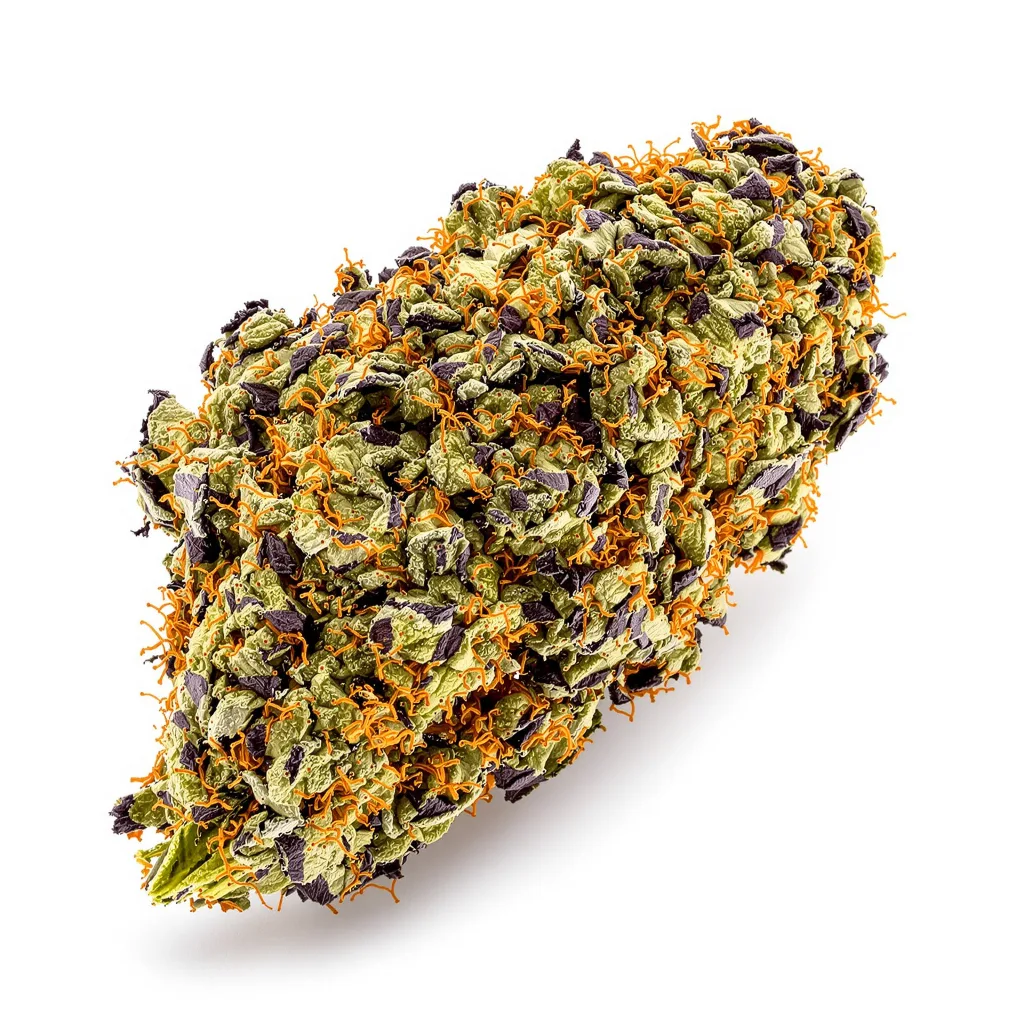 Hood Candy 76% indica / 24% sativa — fleur avec trichomes visibles