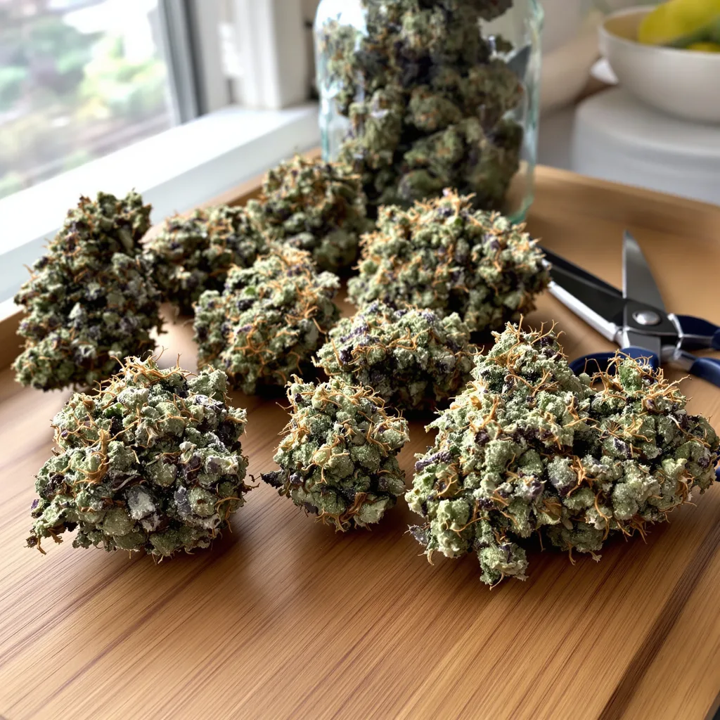 Huckleberry 50% indica / 50% sativa — fleur avec trichomes visibles