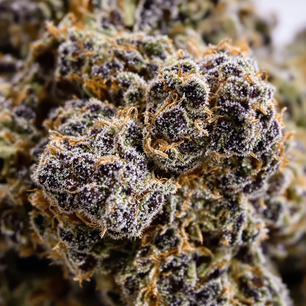 Gros plan de fleur de cannabis Humboldt Headband montrant calices denses aux reflets violets