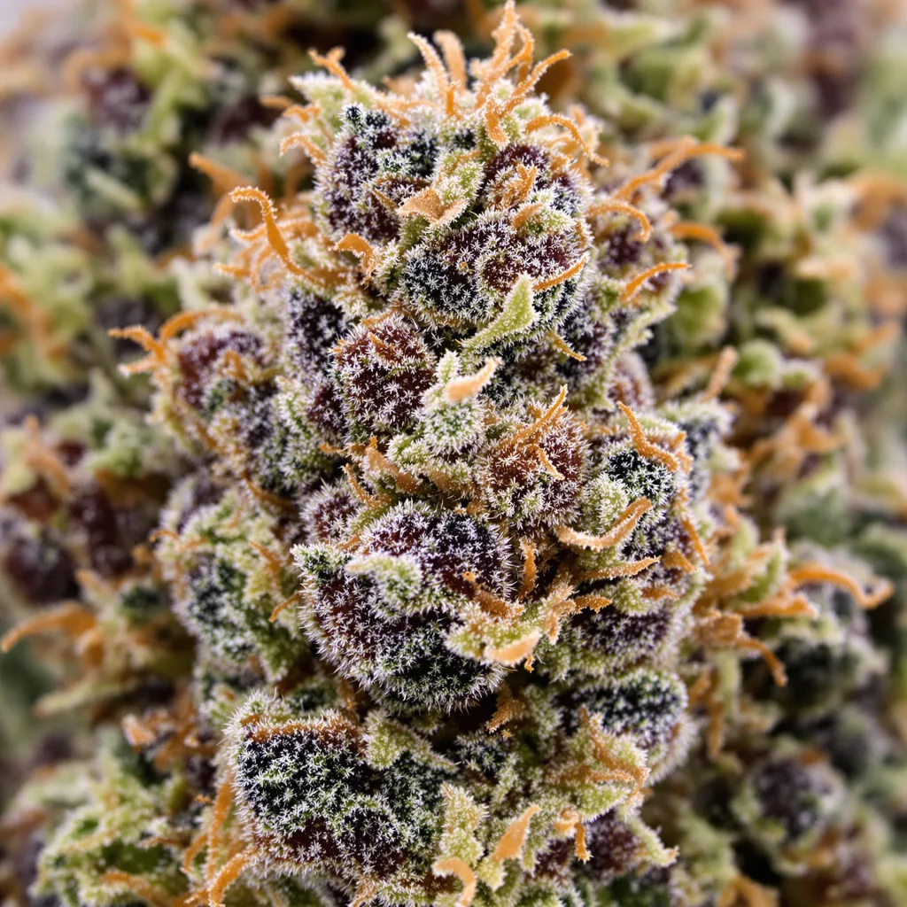 Gros plan de fleur de cannabis Hyper Critical montrant calices denses aux reflets violets