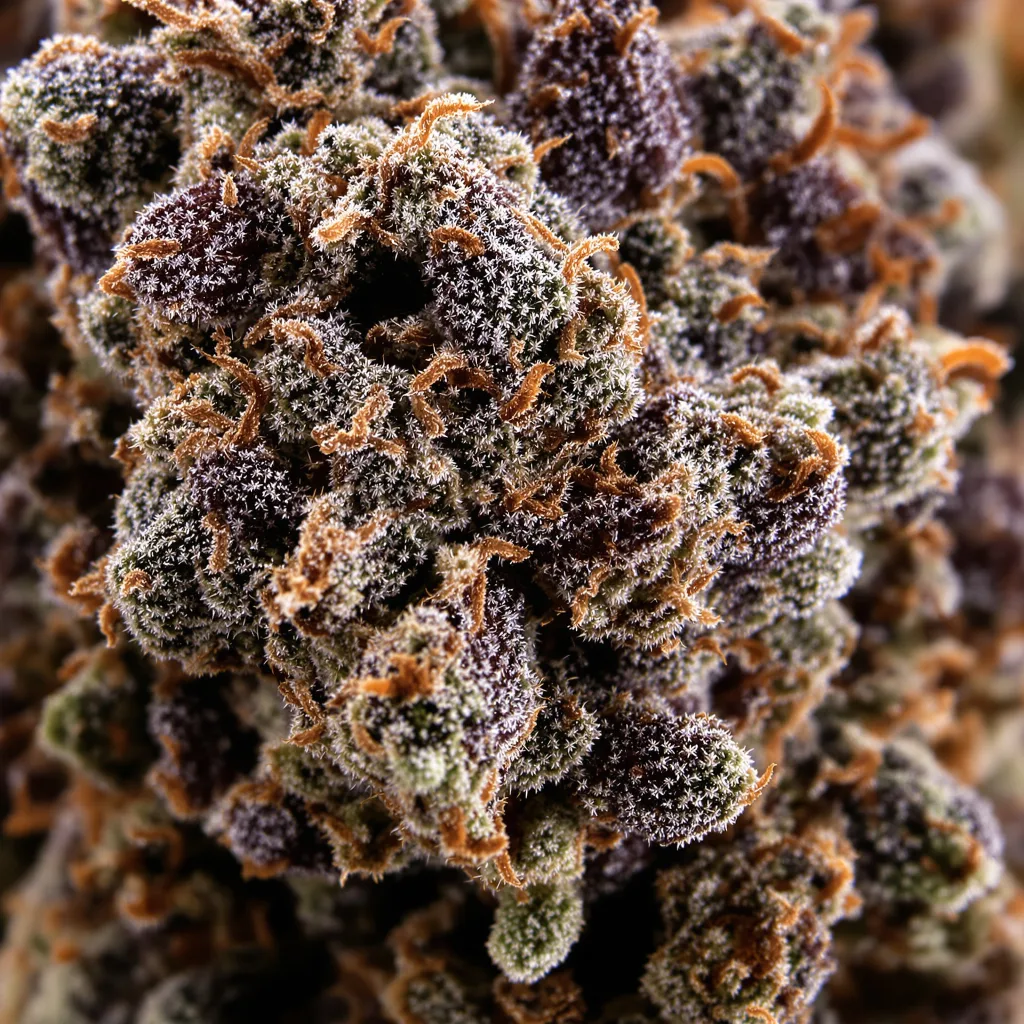 Gros plan de fleur de cannabis Hyper Critical montrant calices denses aux reflets violets