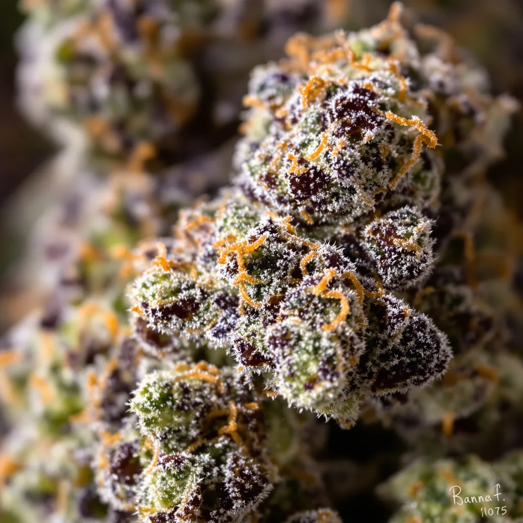 Gros plan de fleur de cannabis Ice Cream Cake montrant calices denses aux reflets violets