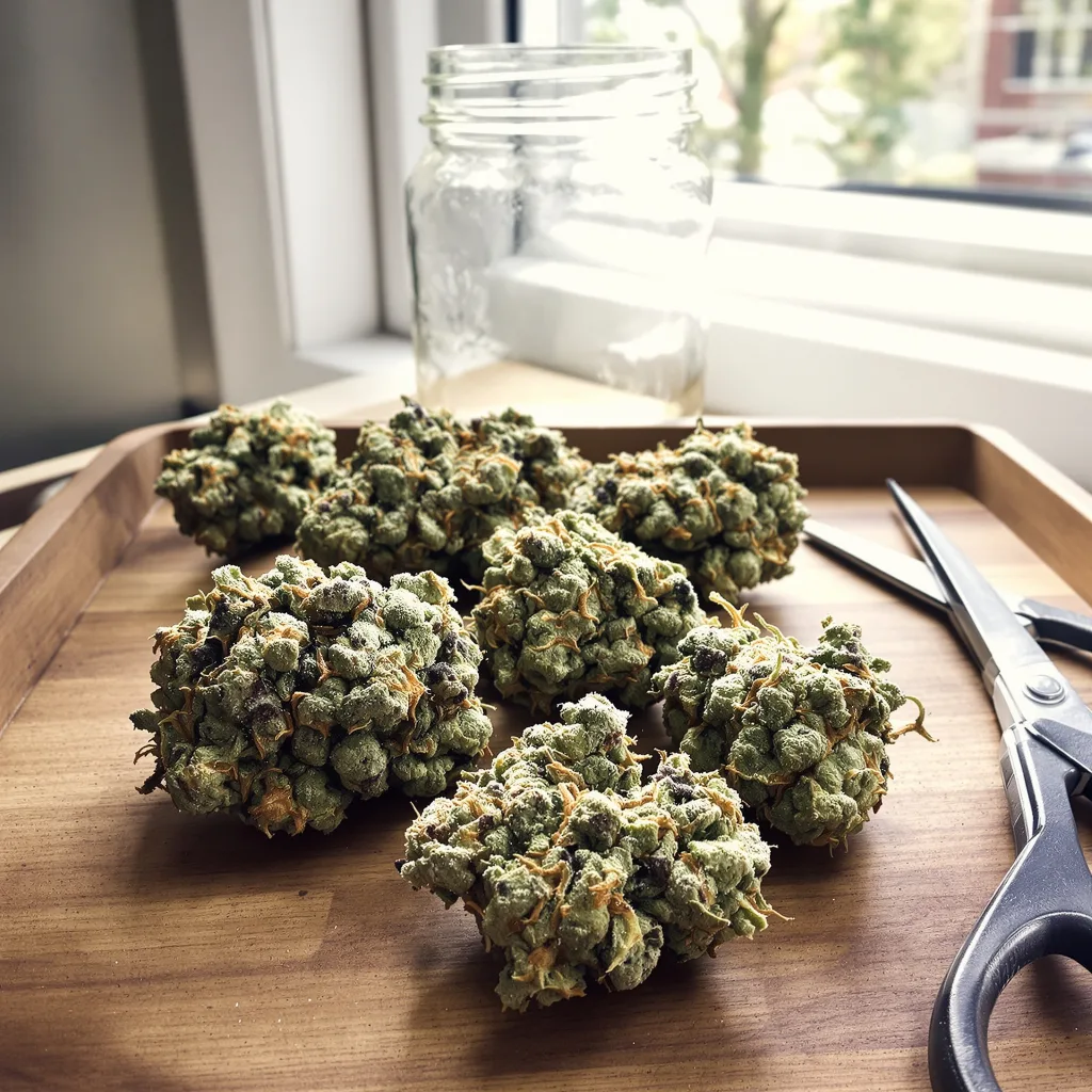 Ice Cream 60% indica / 40% sativa — fleur avec trichomes visibles