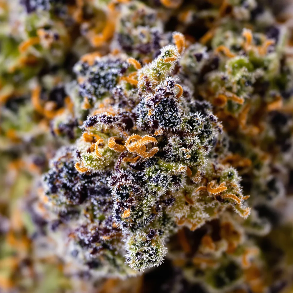 Gros plan de fleur de cannabis Ice montrant calices denses aux reflets violets