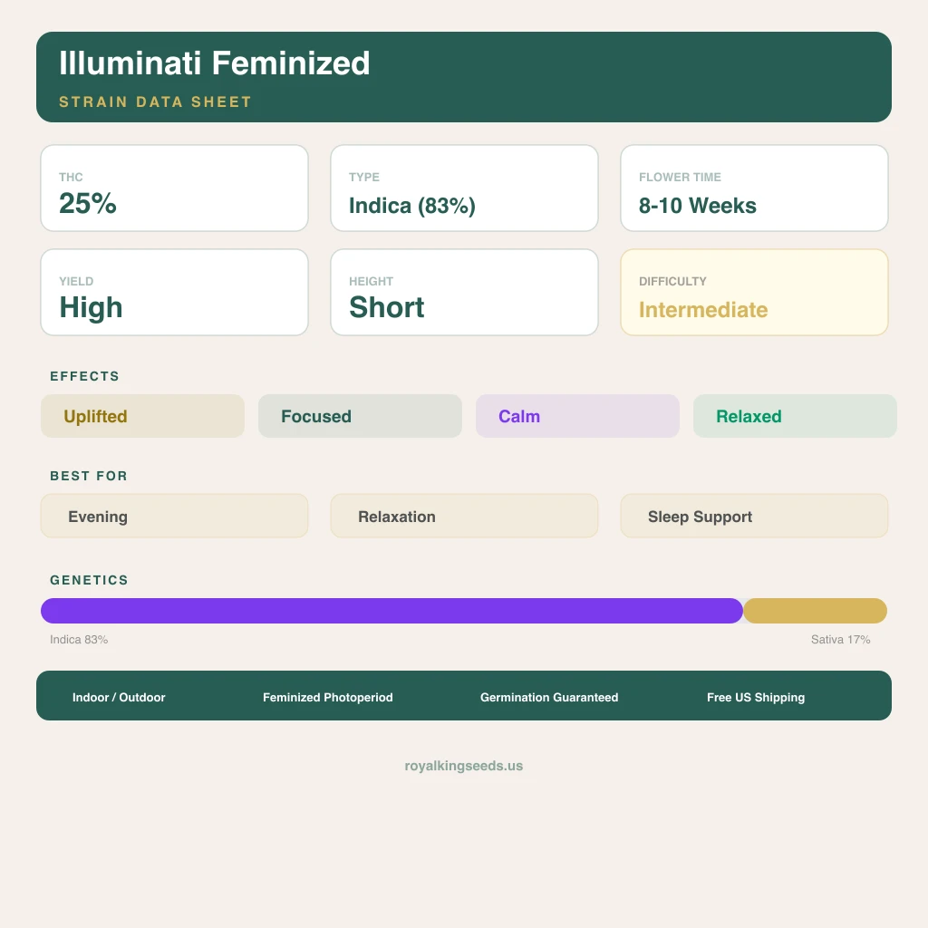 Illuminati 83% indica / 17% sativa — fleur avec trichomes visibles
