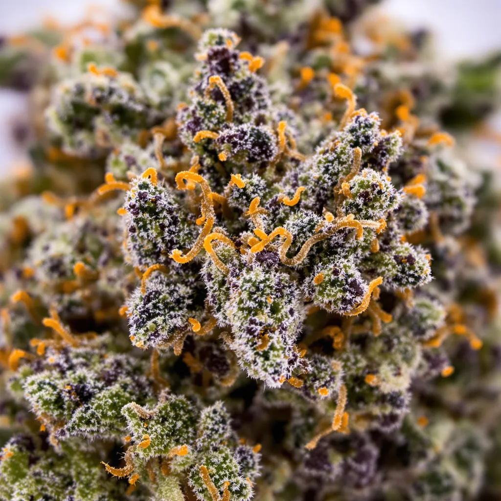 Gros plan de fleur de cannabis Illuminati montrant calices denses aux reflets violets