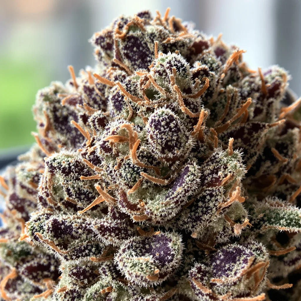 Gros plan de fleur de cannabis Illuminati OG montrant calices denses aux reflets violets