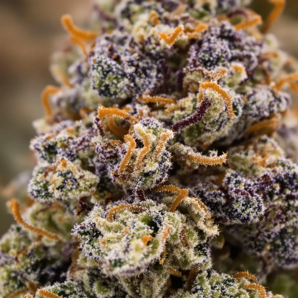 Gros plan de fleur de cannabis Illuminati OG montrant calices denses aux reflets violets