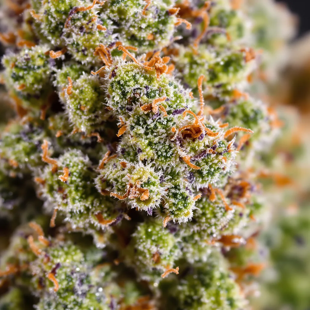 Gros plan de fleur de cannabis Incredible Bulk montrant structure ouverte avec pistils orangés