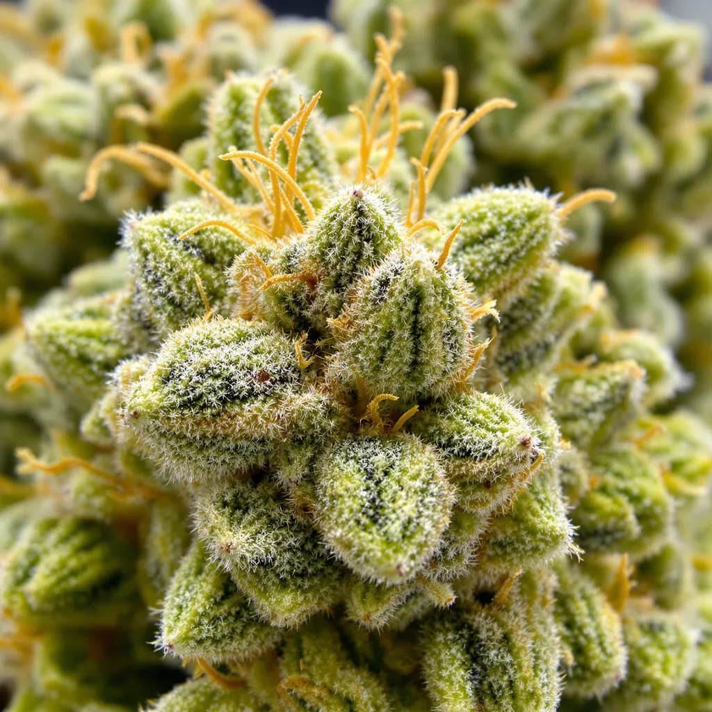 Gros plan de fleur de cannabis Industrial Plant montrant structure aérée vert lime