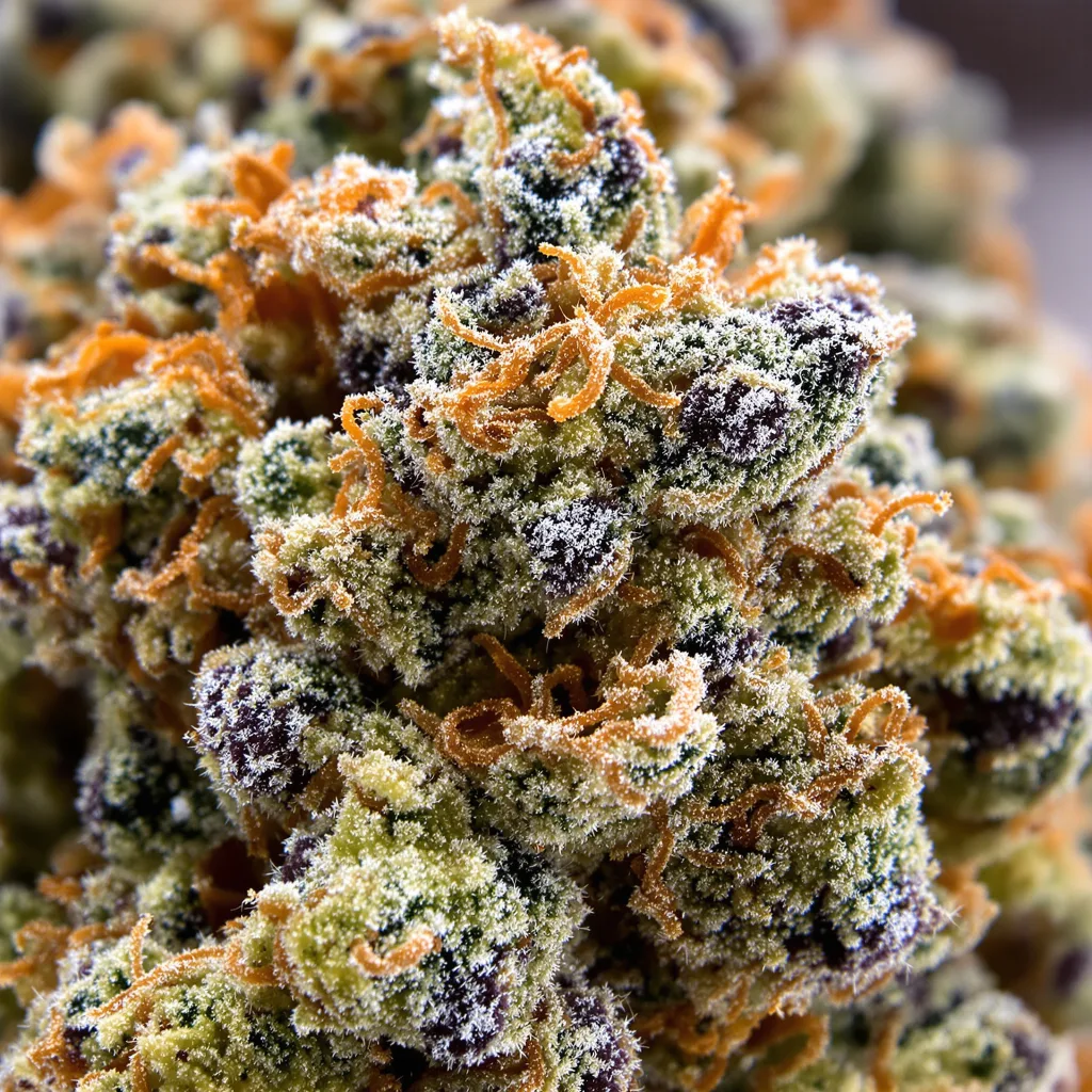 Gros plan de fleur de cannabis Iron Triangle montrant structure équilibrée avec trichomes givrés