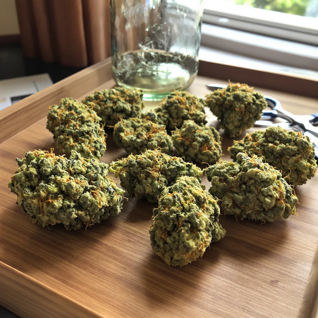 Island Sweet Skunk 25% indica / 75% sativa — fleur avec trichomes visibles