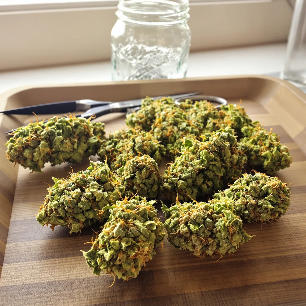 Island Sweet Skunk 25% indica / 75% sativa — fleur avec trichomes visibles
