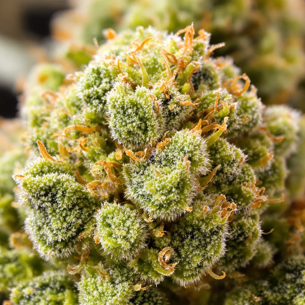 Gros plan de fleur de cannabis Island Sweet Skunk montrant structure aérée vert lime