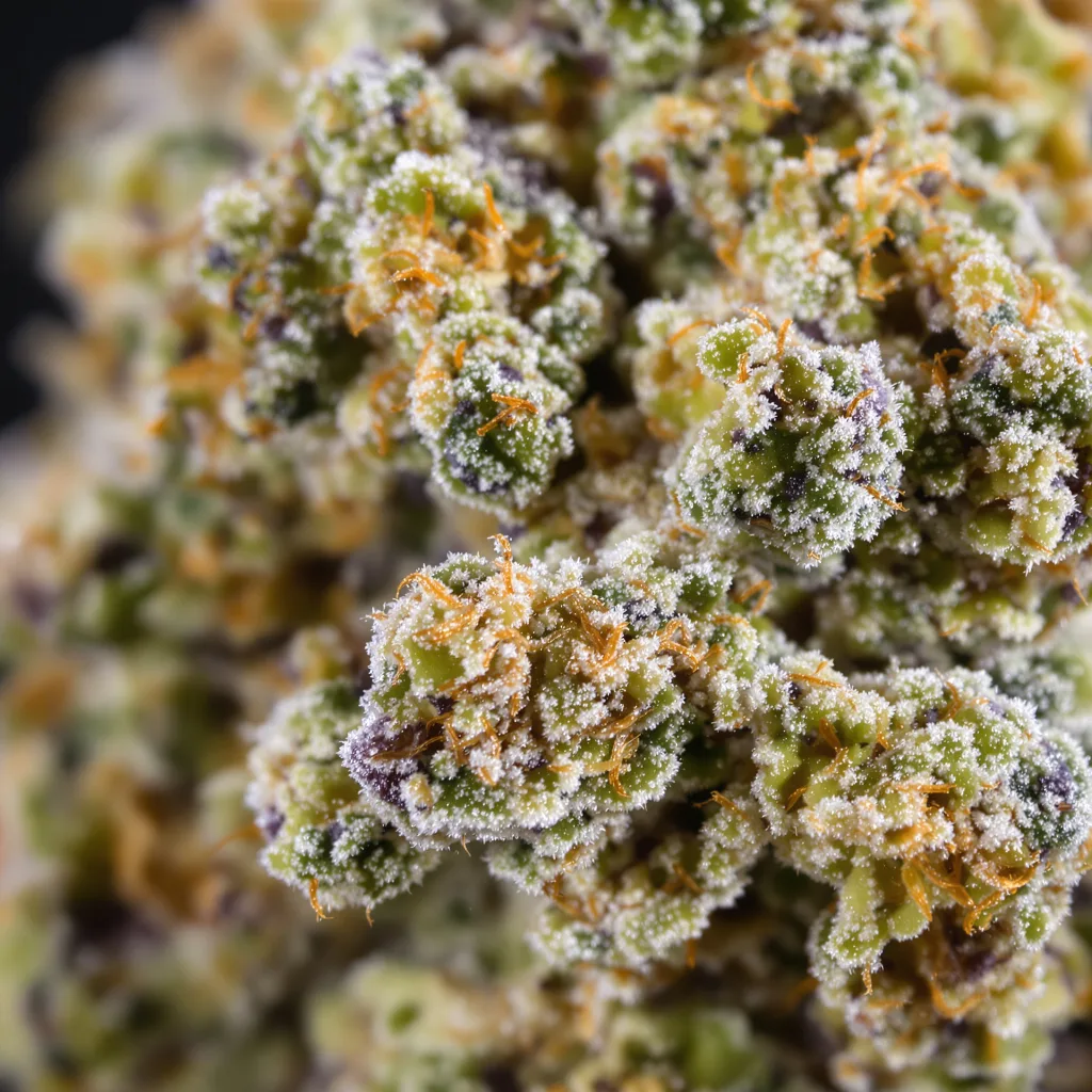 Gros plan de fleur de cannabis J1 montrant structure ouverte avec pistils orangés