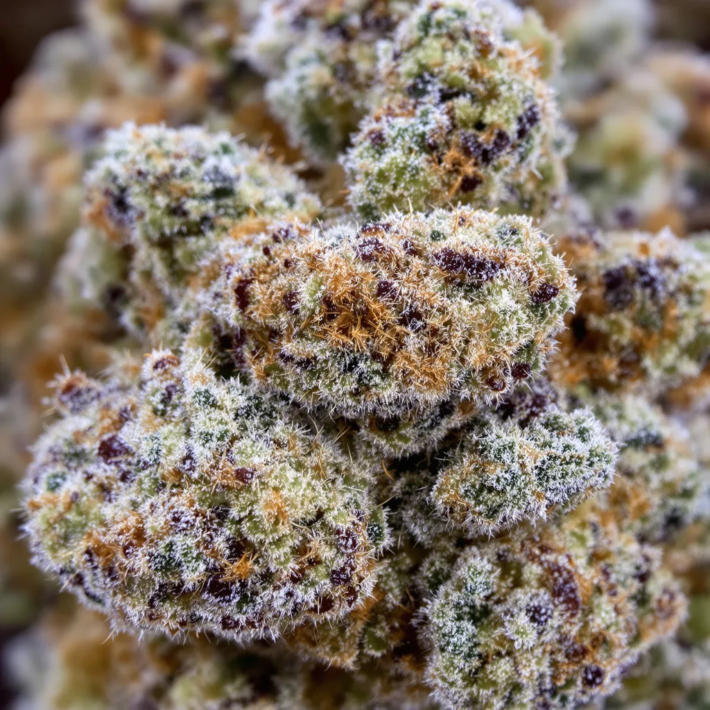 Gros plan de fleur de cannabis Jack Frost montrant structure équilibrée avec trichomes givrés