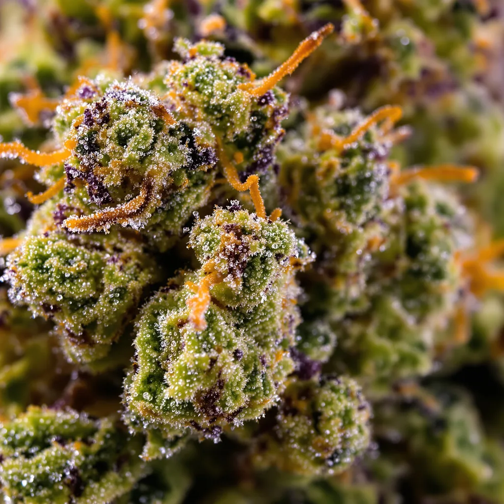 Gros plan de fleur de cannabis Jack Herer montrant structure équilibrée avec trichomes givrés