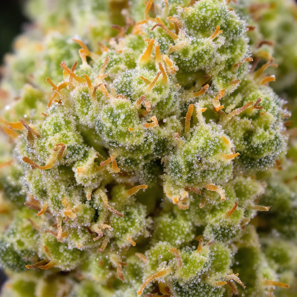 Gros plan de fleur de cannabis Jack Skellington montrant structure aérée vert lime