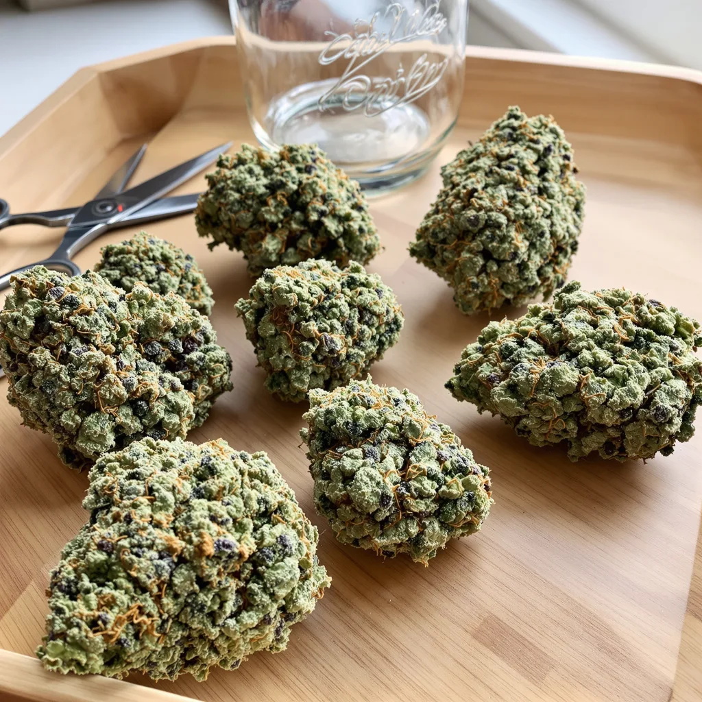Jacked-Up 50% indica / 50% sativa — fleur avec trichomes visibles