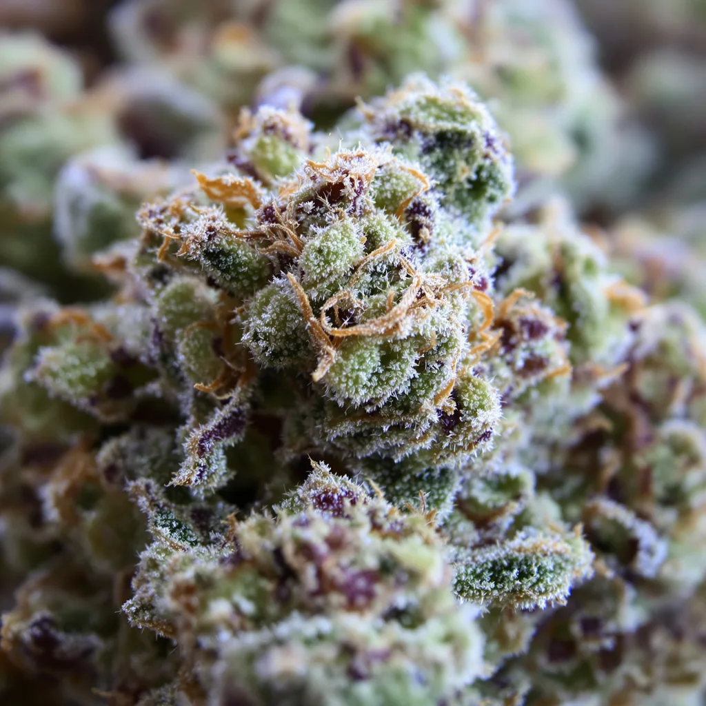 Gros plan de fleur de cannabis Jacked-Up montrant structure équilibrée avec trichomes givrés